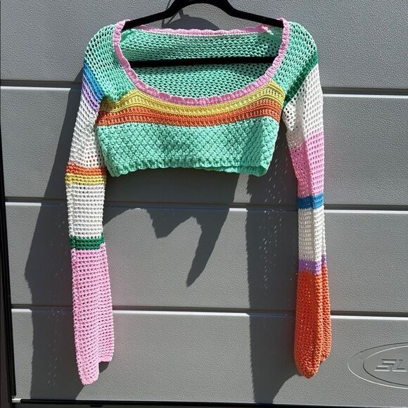 Colorful Crochet Crop Top - Long Sleeve Bell Sleeved Top - BRAND NEW Size Small - Picture 1 of 4